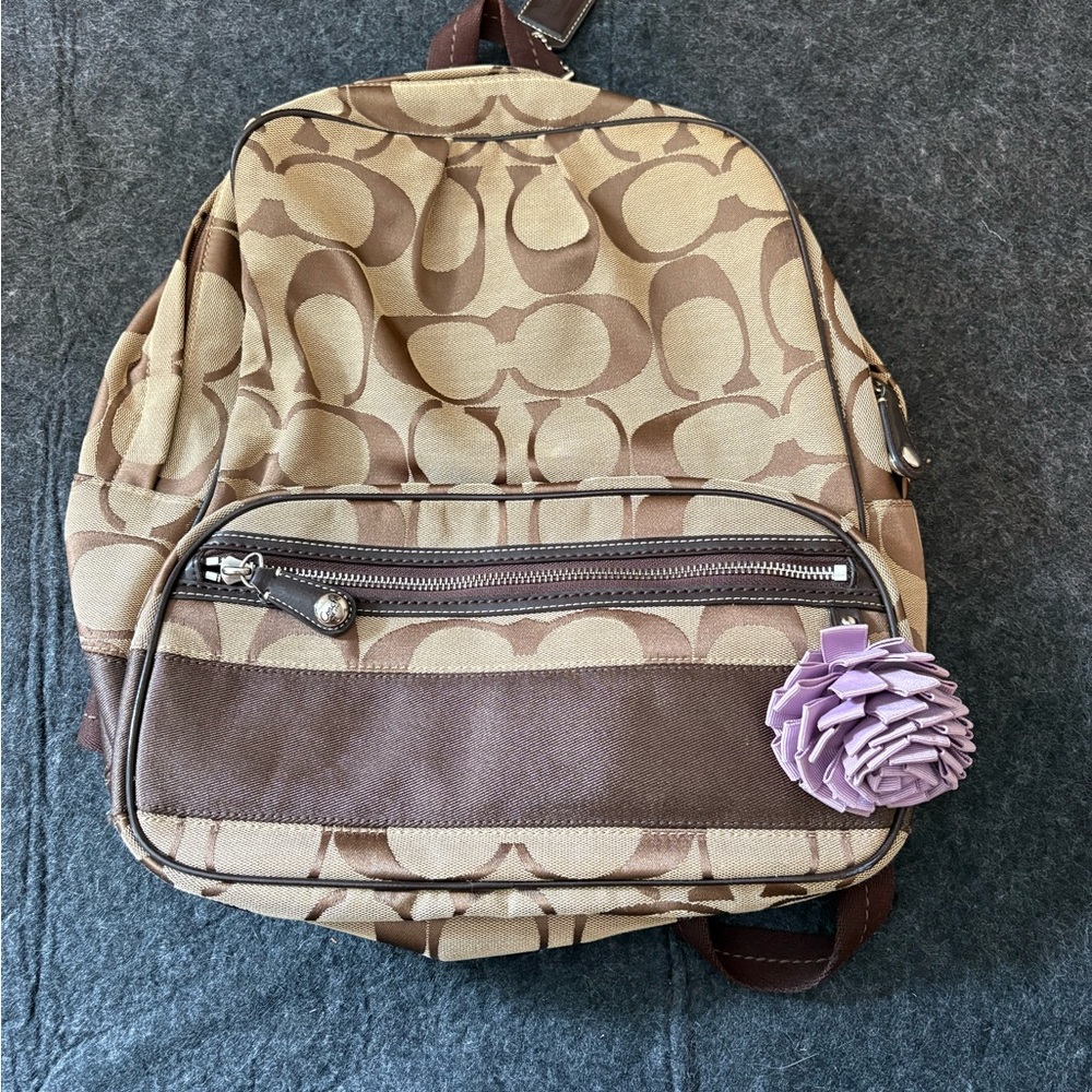 Coach Tan and Brown Backpack with Purple Accent